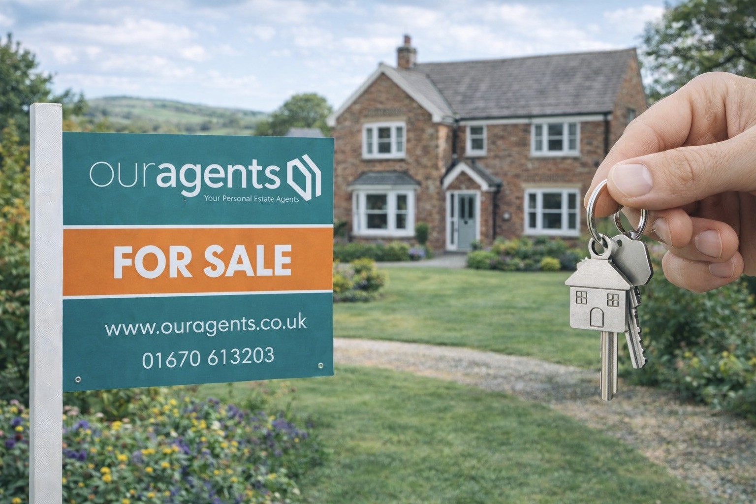 Properties for sale Estate Agents For sale board outside Northumberland stone cottage with house keys